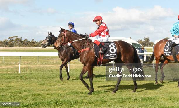 Kansas City ridden by Dean Yendall returns after the Murtoa Big Weekend Maiden Plate at Murtoa Racecourse on July 16, 2018 in Murtoa, Australia.