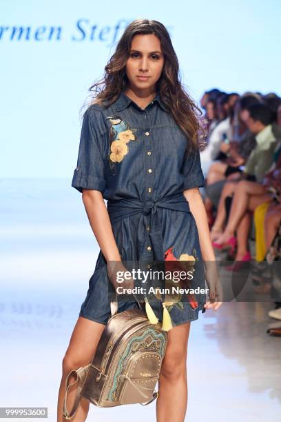 Model walks the runway for Carmen Steffens at Miami Swim Week powered by Art Hearts Fashion Swim/Resort 2018/19 at Faena Forum on July 15, 2018 in...