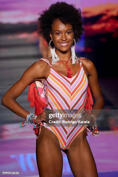 Model walks the runway for Maaji during the Paraiso Fasion Fair at The Paraiso Tent on July 15, 2018 in Miami Beach, Florida.