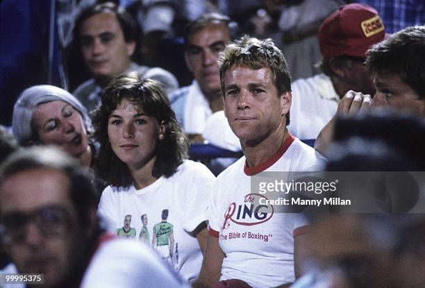 Celebrity actor Tatum O'Neal watching boyfriend John McEnroe with her father Ryan O'Neal during match at National Tennis Center. Flushing, NY...