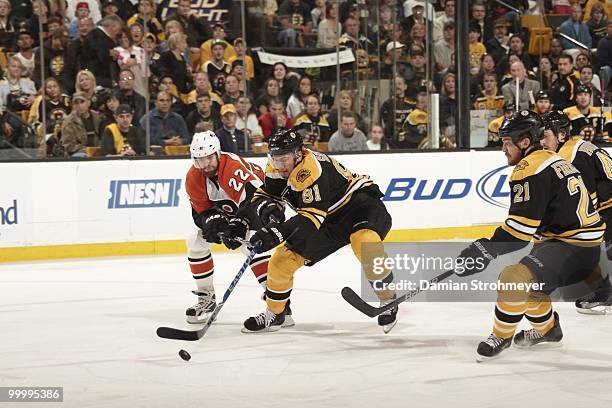 Boston Bruins Miroslav Satan in action vs Philadelphia Flyers Ville Leino . Game 7. Boston, MA 5/14/2010 CREDIT: Damian Strohmeyer