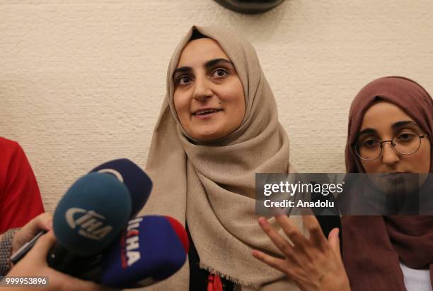 Turkish citizen Ebru Ozkan, who was arrested in Israel on June 11 at Tel Aviv's Ben Gurion Airport for alleged links to terrorist groups, makes a...