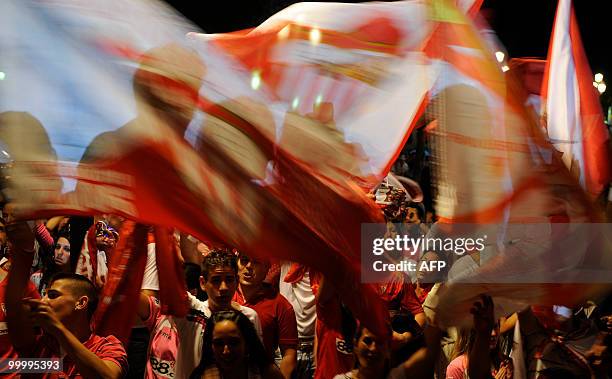 Sevilla's supporters celebrates with flags their team's victory after winning the King's Cup final match against Atletico Madrid on May 19, 2010 in...