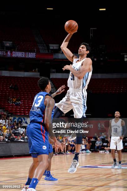 Anas Mahmoud of the Memphis Grizzlies shoots the ball against the Philadelphia 76ers during the 2018 Las Vegas Summer League on July 15, 2018 at the...