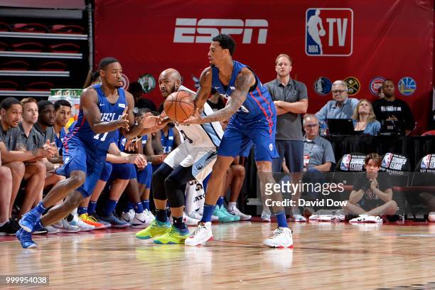 Demetrius Jackson of the Philadelphia 76ers receives a pass against the Memphis Grizzlies during the 2018 Las Vegas Summer League on July 15, 2018 at...