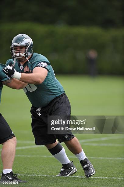 Guard Dallas Reynolds of the Philadelphia Eagles blocks during practice on May 19, 2010 at the NovaCare Complex in Philadelphia, Pennsylvania.