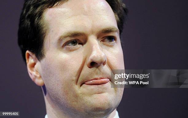 Chancellor of the Exchequer George Osborne delivers a speech at the British Industry's annual dinner at the Grosvenor House Hotel on May 19, 2010 in...