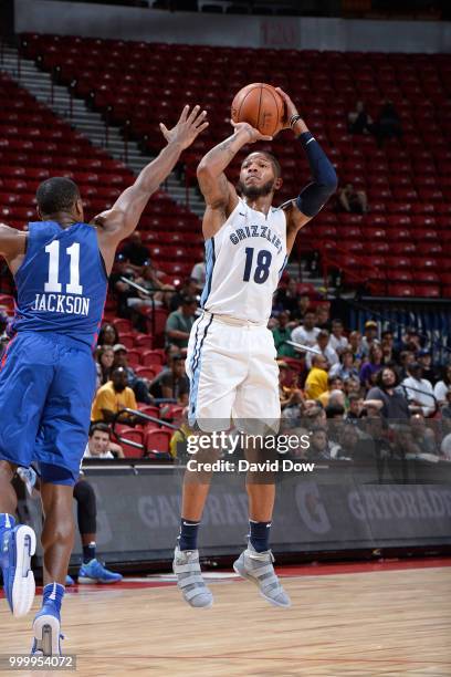 Markel Crawford of the Memphis Grizzlies shoots the ball against the Philadelphia 76ers during the 2018 Las Vegas Summer League on July 15, 2018 at...