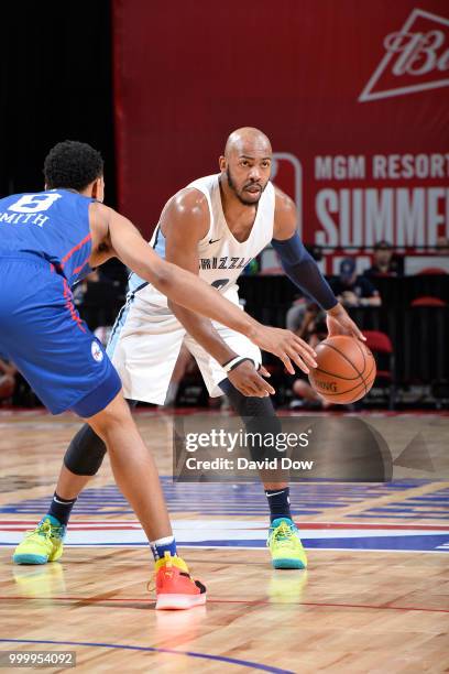 Jevon Carter of the Memphis Grizzlies handles the ball against the Philadelphia 76ers during the 2018 Las Vegas Summer League on July 15, 2018 at the...