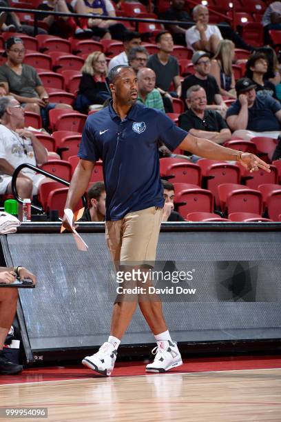 Assistant Coach Greg Buckner of the Memphis Grizzlies looks on during the game against the Philadelphia 76ers during the 2018 Las Vegas Summer League...