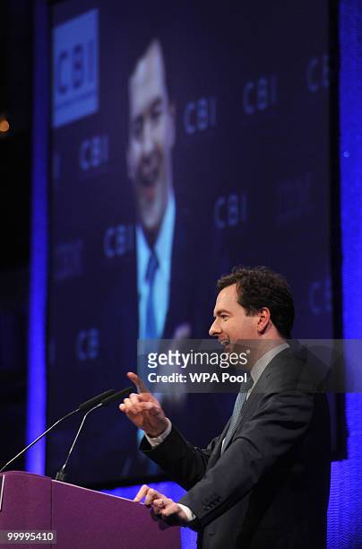 Chancellor of the Exchequer George Osborne delivers a speech at the British Industry's annual dinner at the Grosvenor House Hotel on May 19, 2010 in...
