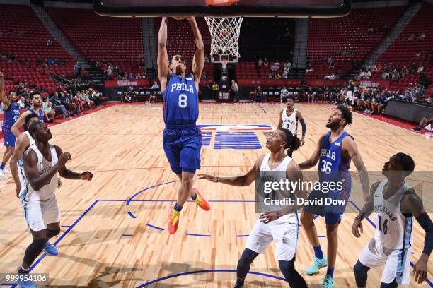 Zhaire Smith of the Philadelphia 76ers dunks the ball against the Memphis Grizzlies during the 2018 Las Vegas Summer League on July 15, 2018 at the...