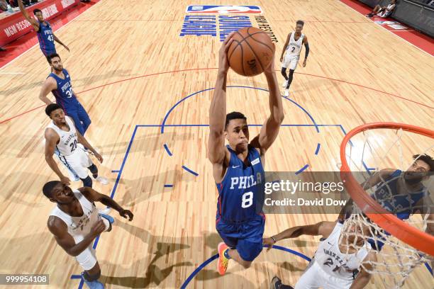 Zhaire Smith of the Philadelphia 76ers dunks the ball against the Memphis Grizzlies during the 2018 Las Vegas Summer League on July 15, 2018 at the...