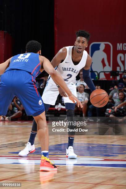 Kobi Simmons of the Memphis Grizzlies handles the ball against the Philadelphia 76ers during the 2018 Las Vegas Summer League on July 15, 2018 at the...