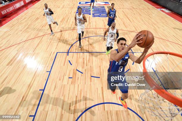 Zhaire Smith of the Philadelphia 76ers goes to the basket against the Memphis Grizzlies during the 2018 Las Vegas Summer League on July 15, 2018 at...