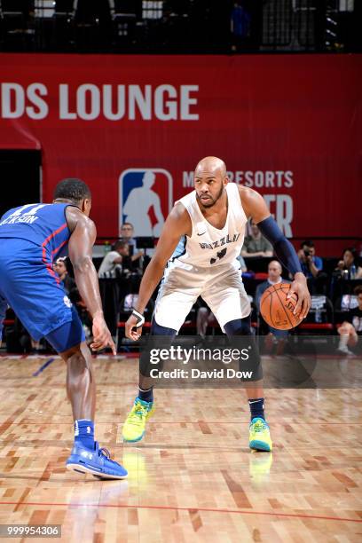 Jevon Carter of the Memphis Grizzlies handles the ball against the Philadelphia 76ers during the 2018 Las Vegas Summer League on July 15, 2018 at the...