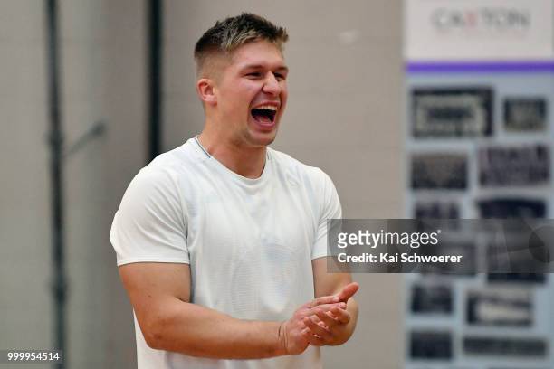 Jack Goodhue reacts during a Crusaders Super Rugby training session at St Andrew's College on July 16, 2018 in Christchurch, New Zealand.