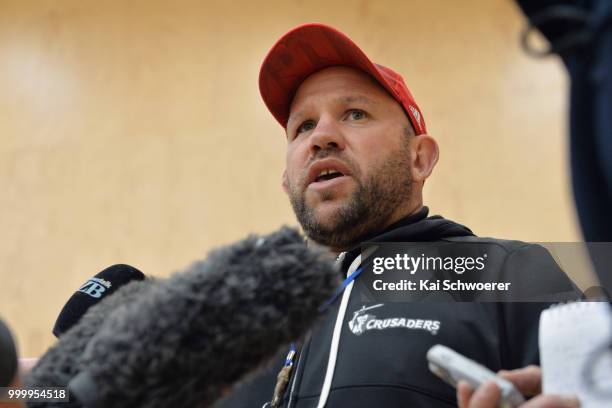 Assistant Coach Jason Ryan speaks to the media following a Crusaders Super Rugby training session at St Andrew's College on July 16, 2018 in...