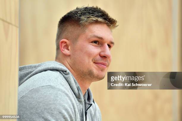 Jack Goodhue looks on following a Crusaders Super Rugby training session at St Andrew's College on July 16, 2018 in Christchurch, New Zealand.