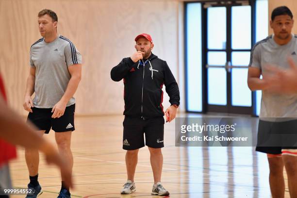 Assistant Coach Jason Ryan reacts during a Crusaders Super Rugby training session at St Andrew's College on July 16, 2018 in Christchurch, New...