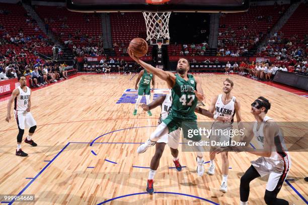 Demitrius Conger of the Boston Celtics goes to the basket against the Portland Trail Blazers during the 2018 Las Vegas Summer League on July 15, 2018...