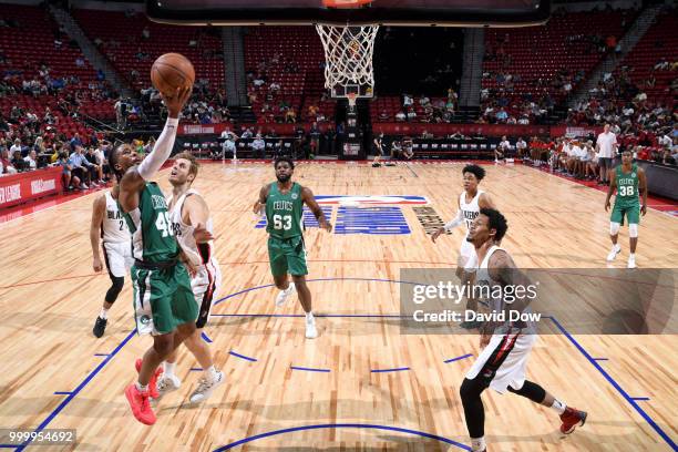 Trey Davis of the Boston Celtics goes to the basket against the Portland Trail Blazers during the 2018 Las Vegas Summer League on July 15, 2018 at...