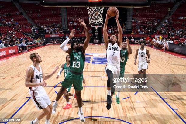 Wade Baldwin IV of the Portland Trail Blazers goes to the basket against the Boston Celtics during the 2018 Las Vegas Summer League on July 15, 2018...