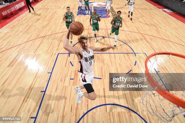 Jake Layman of the Portland Trail Blazers goes to the basket against the Boston Celtics during the 2018 Las Vegas Summer League on July 15, 2018 at...