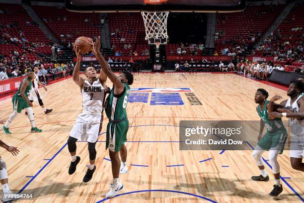 Wade Baldwin IV of the Portland Trail Blazers goes to the basket against the Boston Celtics during the 2018 Las Vegas Summer League on July 15, 2018...