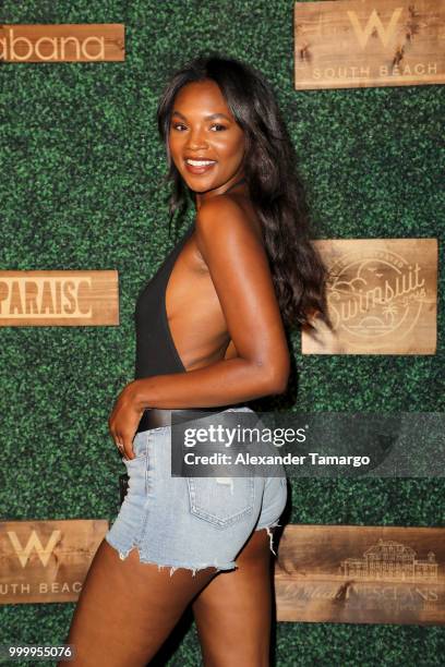 Jasmyn Wilkins attends the 2018 Sports Illustrated Swimsuit show at PARAISO during Miami Swim Week at The W Hotel South Beach on July 15, 2018 in...