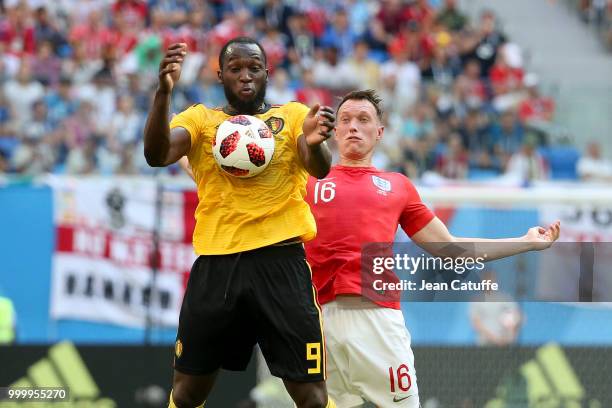 Romelu Lukaku of Belgium, Phil Jones of England during the 2018 FIFA World Cup Russia 3rd Place Playoff match between Belgium and England at Saint...