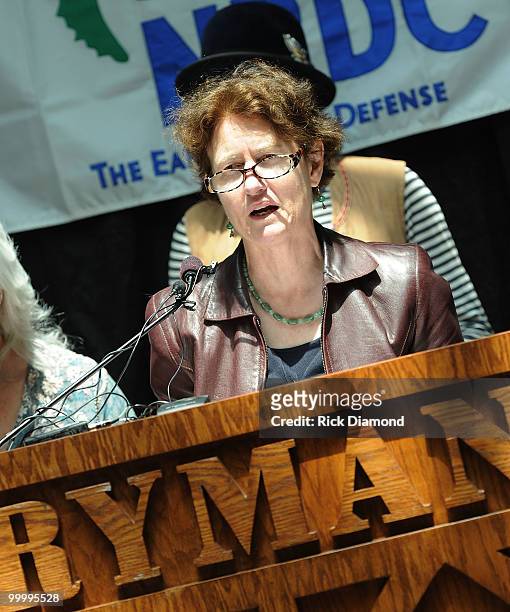 Frances Beinecke President NRDC addresses the press during the Music Saves Mountains benefit concert press conference at the Ryman Auditorium on May...