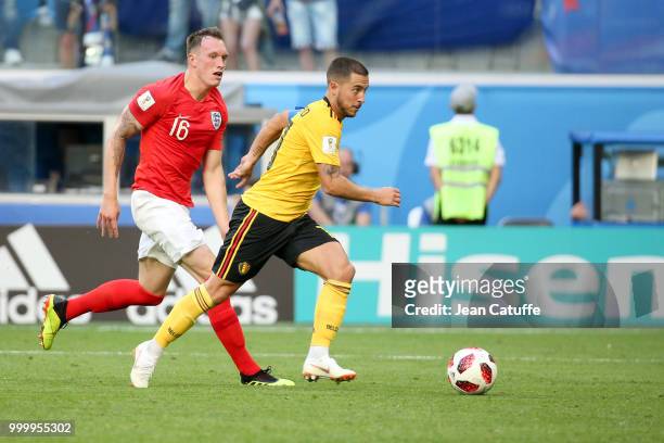 Eden Hazard of Belgium, Phil Jones of England during the 2018 FIFA World Cup Russia 3rd Place Playoff match between Belgium and England at Saint...
