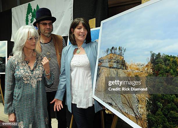 Singers/Songwriters Emmylou Harris, Big Kenny Alphin and Kathy Mattea during the "Music Saves Mountains" benefit concert press conference at the...