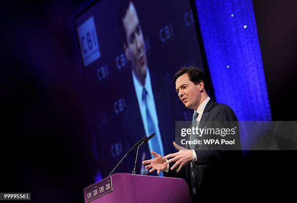 Chancellor of the Exchequer George Osborne speaks at the British Industry's annual dinner at the Grosvenor House Hotel on May 19, 2010 in London,...