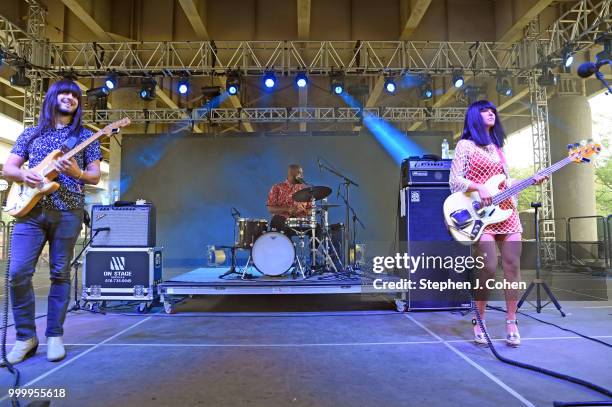 Mark Speer, Donald Johnson, Laura Lee of the music trio Khruangbin performs on Day 3 of the 2018 Forecastle Music Festival on July 15, 2018 in...