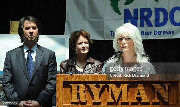 Allen Hershkowitz, Ph.D Senior Scientist NRDC, Frances Beinecke President NRDC andSinger/Songwriter Emmylou Harris addresses the press during the"...