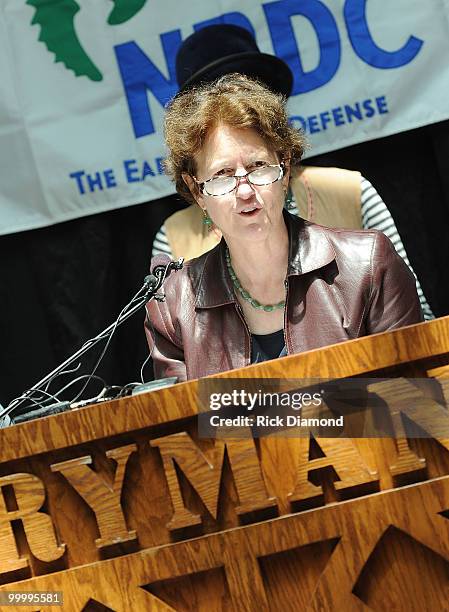 Frances Beinecke President NRDC addresses the press during the Music Saves Mountains benefit concert press conference at the Ryman Auditorium on May...