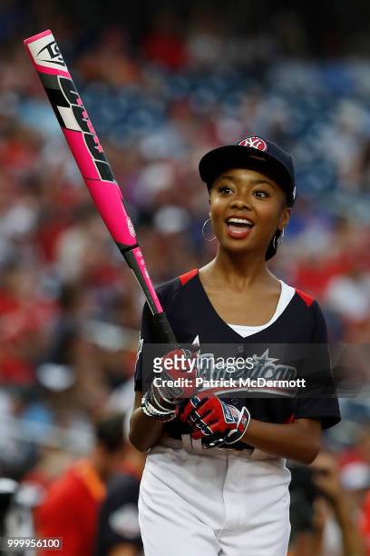 Skai Jackson bats during the All-Star and Legends Celebrity Softball Game at Nationals Park on July 15, 2018 in Washington, DC.