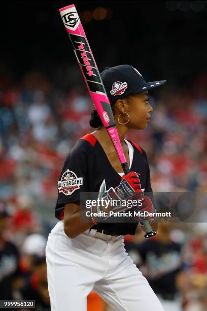 Skai Jackson bats during the All-Star and Legends Celebrity Softball Game at Nationals Park on July 15, 2018 in Washington, DC.