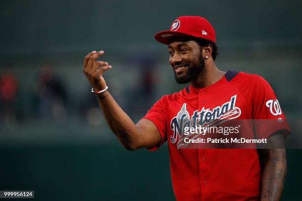 John Wall in action during the All-Star and Legends Celebrity Softball Game at Nationals Park on July 15, 2018 in Washington, DC.