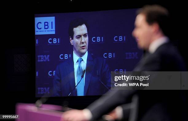 Chancellor of the Exchequer George Osborne speaks at the British Industry's annual dinner at the Grosvenor House Hotel on May 19, 2010 in London,...