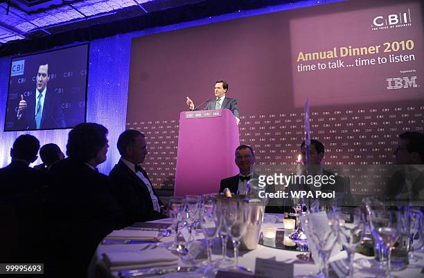 Chancellor of the Exchequer George Osborne speaks at the British Industry's annual dinner at the Grosvenor House Hotel on May 19, 2010 in London,...