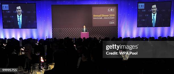 Chancellor of the Exchequer George Osborne speaks at the British Industry's annual dinner at the Grosvenor House Hotel on May 19, 2010 in London,...