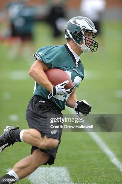 Wide receiver Chad Hall of the Philadelphia Eagles runs during practice on May 19, 2010 at the NovaCare Complex in Philadelphia, Pennsylvania.