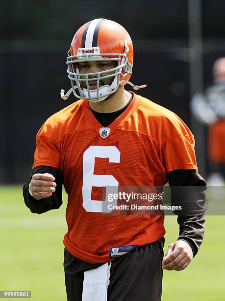 Quarterback Seneca Wallace of the Cleveland Browns watches a play during the team's organized team activity on May 19, 2010 at the Cleveland Browns...