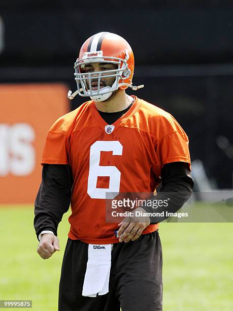 Quarterback Seneca Wallace of the Cleveland Browns watches a play during the team's organized team activity on May 19, 2010 at the Cleveland Browns...