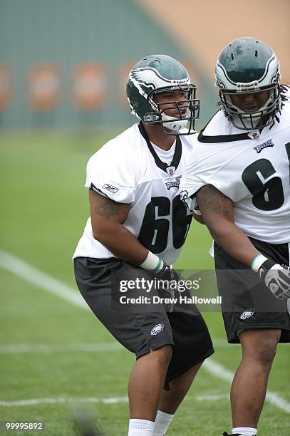 Defensive tackle Boo Robinson of the Philadelphia Eagles blocks during practice on May 19, 2010 at the NovaCare Complex in Philadelphia, Pennsylvania.