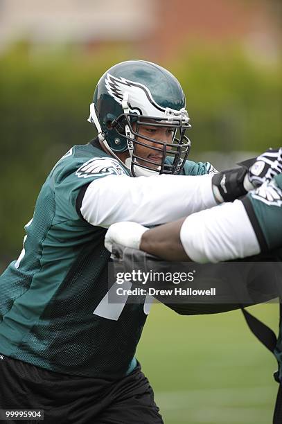 Offensive tackle Jeraill McCuller of the Philadelphia Eagles blocks during practice on May 19, 2010 at the NovaCare Complex in Philadelphia,...