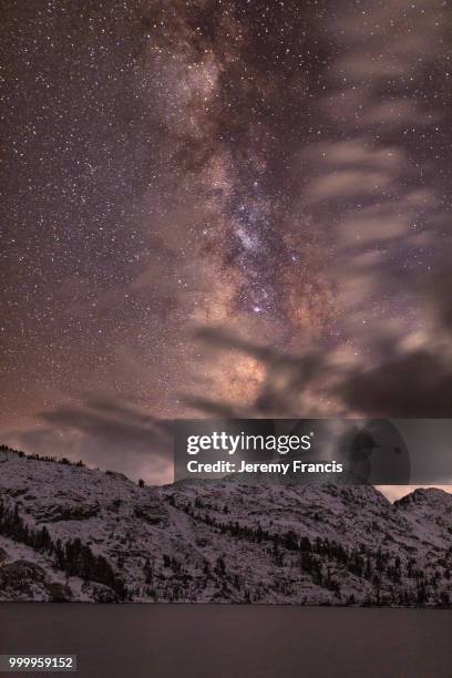 night sky stars over banner peak above garnet lake in the ansel adams wilderness. - ansel stock pictures, royalty-free photos & images